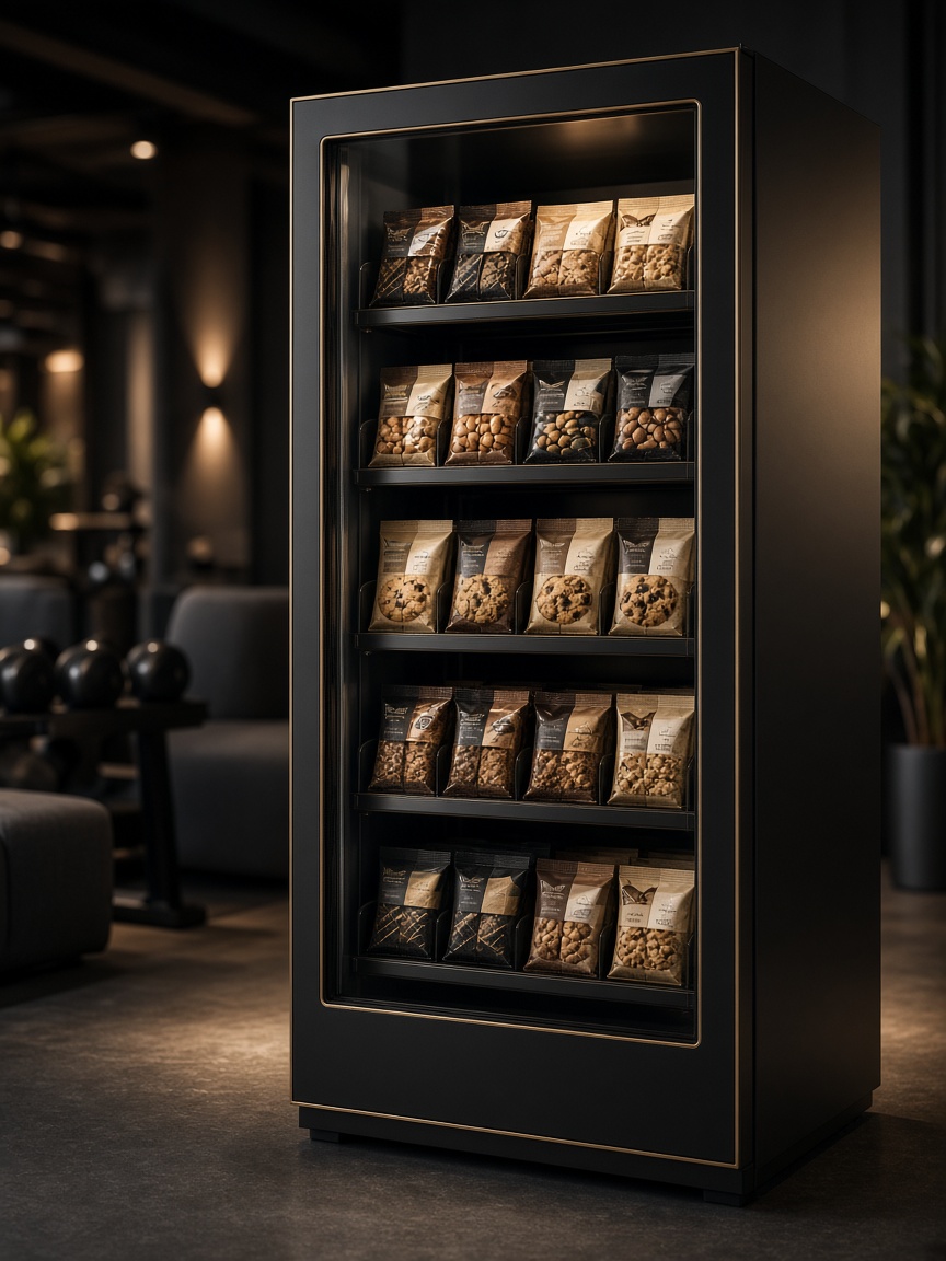 Illusztráció: sötét, elegáns protein- és snackautomata